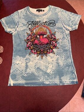 Affliction Light Blue Graphic Tee with Flaming Heart